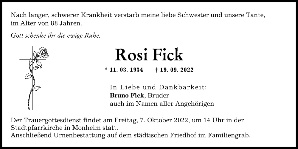  Traueranzeige für Rosi Fick vom 27.09.2022 aus Donauwörther Zeitung