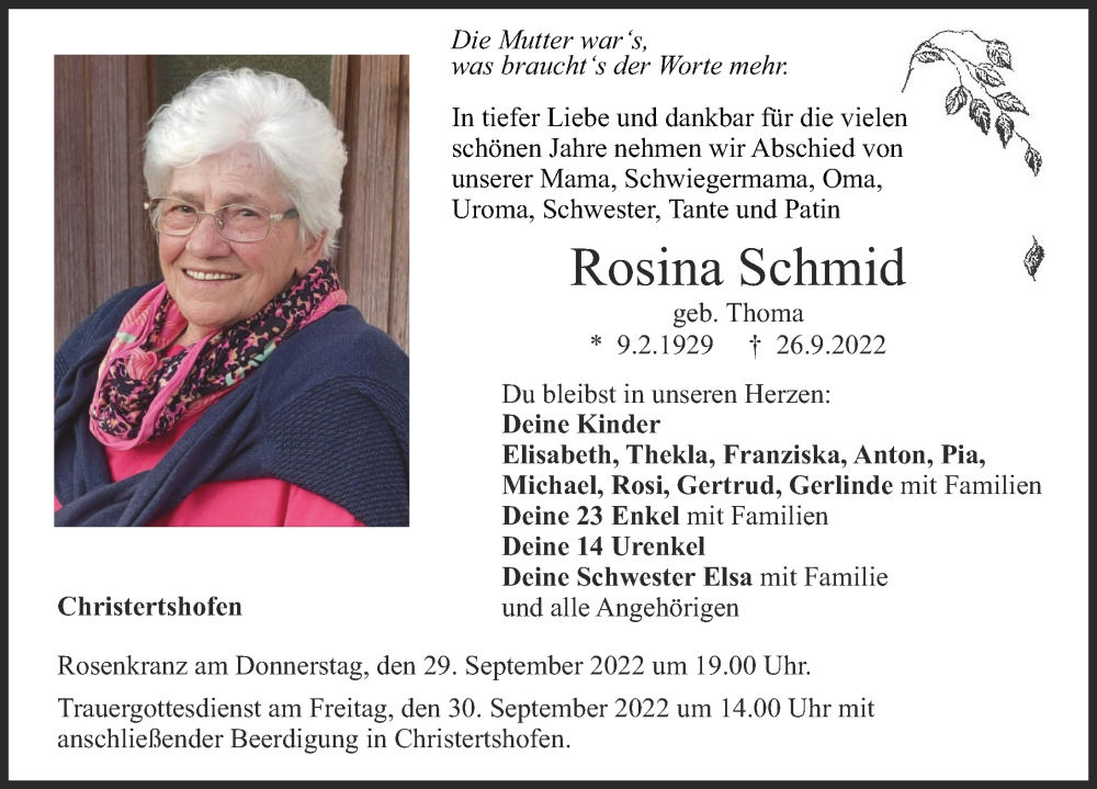  Traueranzeige für Rosina Schmid vom 28.09.2022 aus Illertisser Zeitung