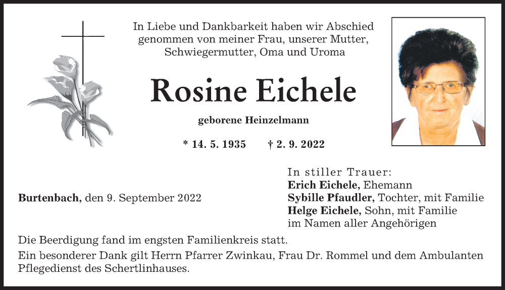 Traueranzeige von Rosine Eichele von Günzburger Zeitung