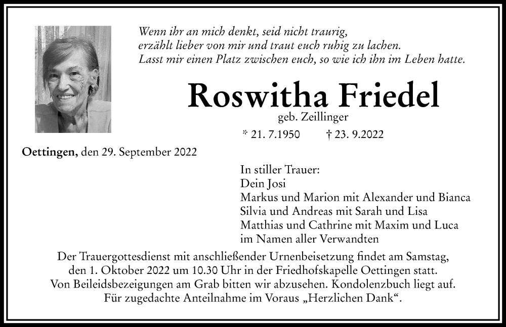  Traueranzeige für Roswitha Friedel vom 29.09.2022 aus Rieser Nachrichten