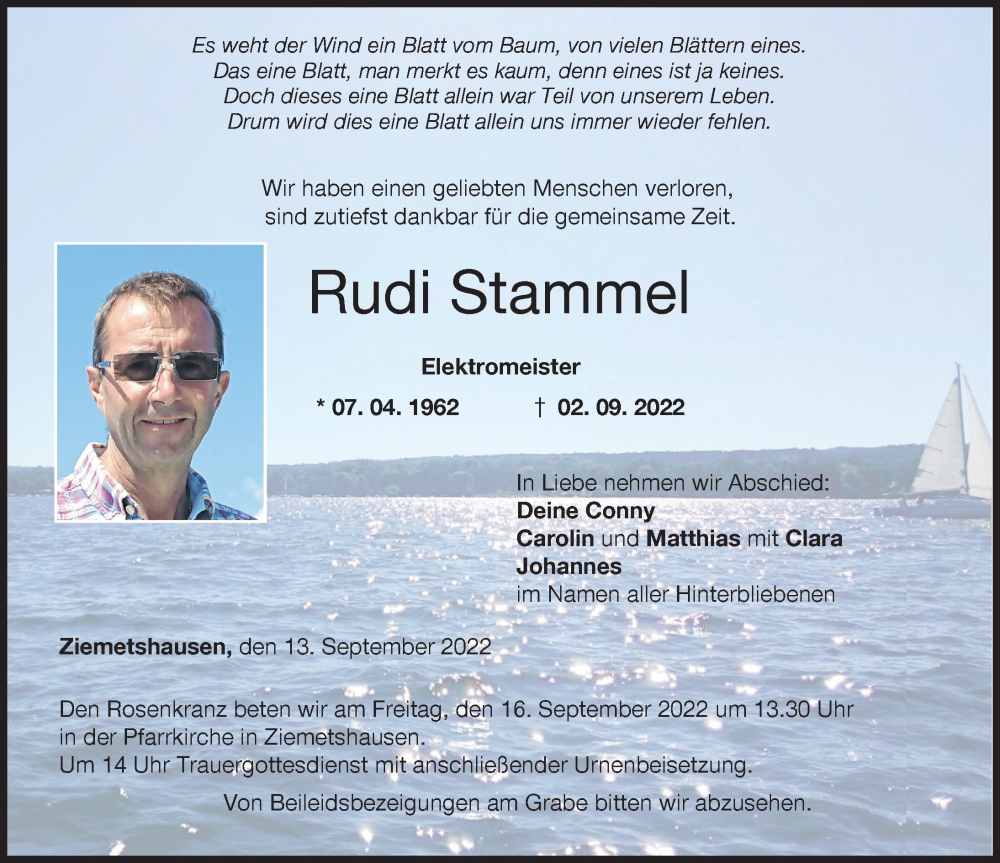 Traueranzeige für Rudi Stammel vom 13.09.2022 aus Mittelschwäbische Nachrichten