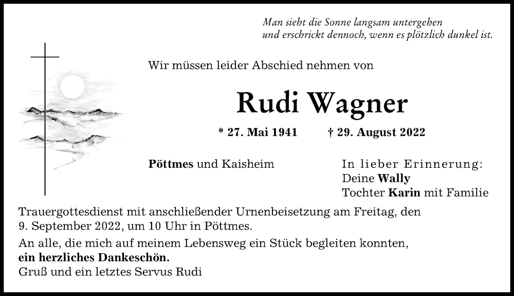 Traueranzeige von Rudi Wagner von Aichacher Nachrichten