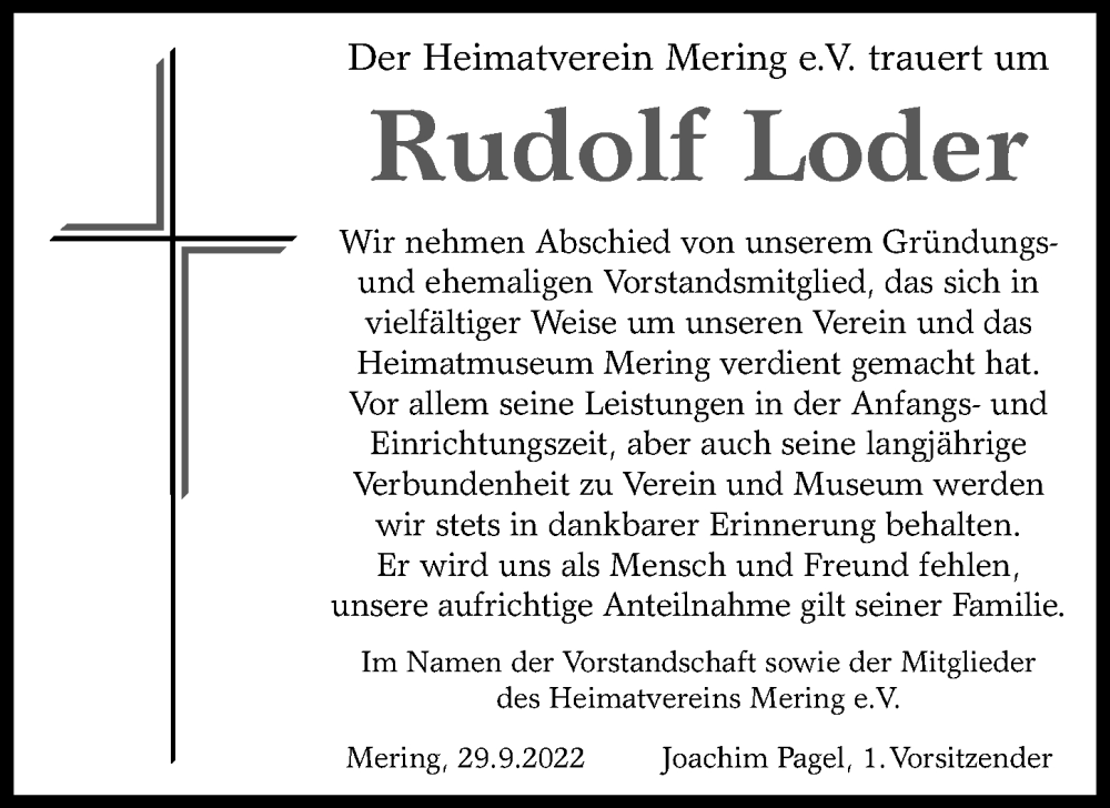  Traueranzeige für Rudolf Loder vom 29.09.2022 aus Friedberger Allgemeine