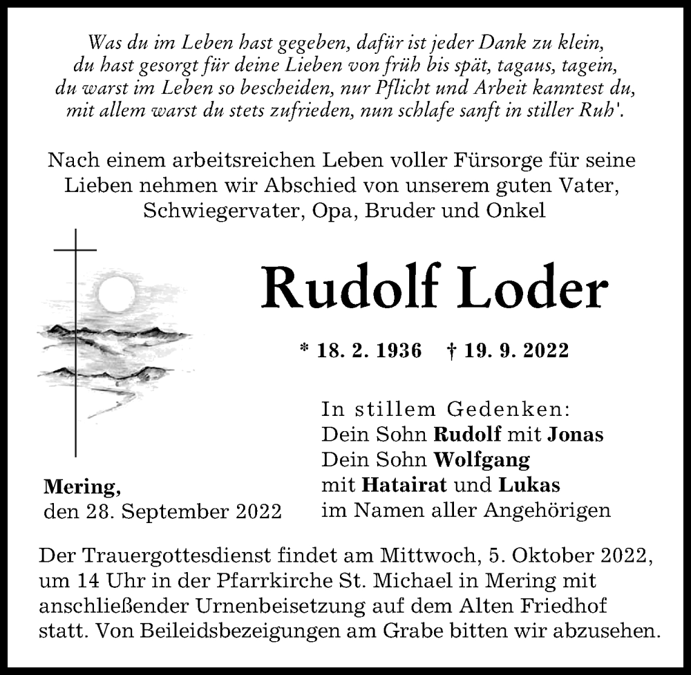  Traueranzeige für Rudolf Loder vom 28.09.2022 aus Friedberger Allgemeine