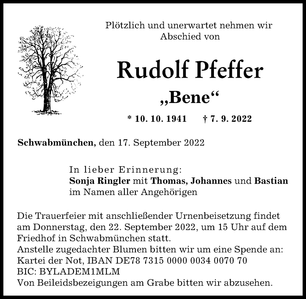 Traueranzeige von Rudolf Pfeffer von Schwabmünchner Allgemeine