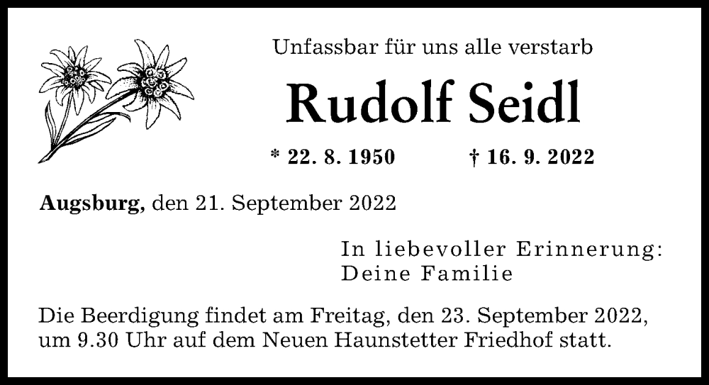  Traueranzeige für Rudolf Seidl vom 21.09.2022 aus Augsburger Allgemeine