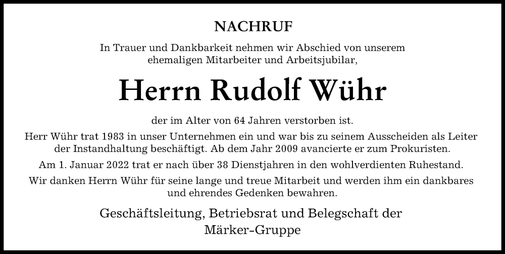 Traueranzeige von Rudolf Wühr von Donauwörther Zeitung