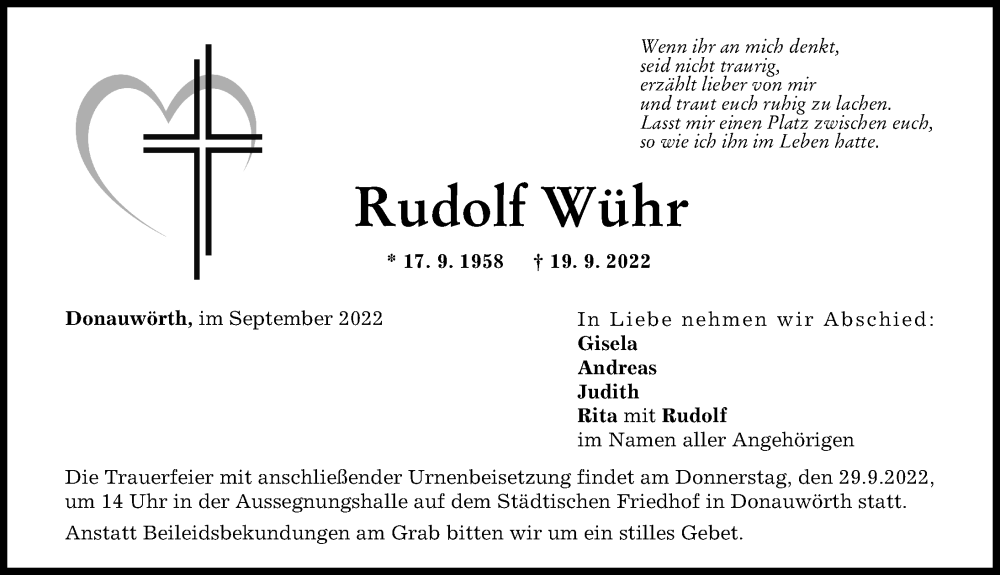 Traueranzeige von Rudolf Wühr von Donauwörther Zeitung, Rieser Nachrichten