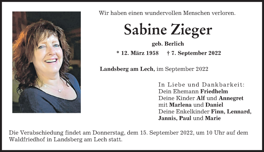  Traueranzeige für Sabine Zieger vom 13.09.2022 aus Landsberger Tagblatt