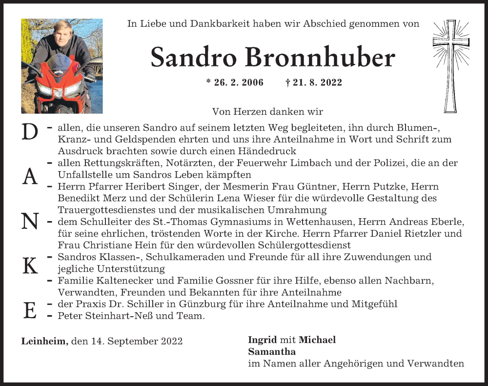  Traueranzeige für Sandro Bronnhuber vom 14.09.2022 aus Günzburger Zeitung
