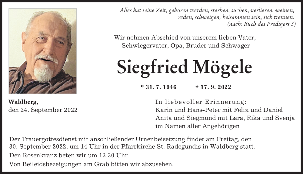  Traueranzeige für Siegfried Mögele vom 24.09.2022 aus Schwabmünchner Allgemeine, Augsburger Allgemeine