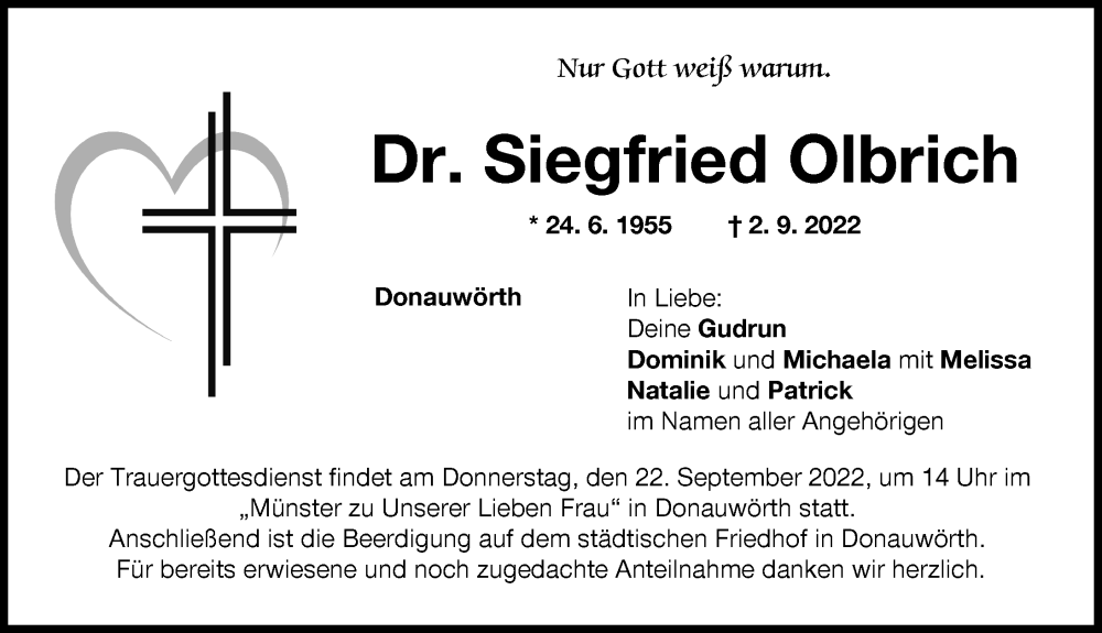 Traueranzeige von Siegfried Olbrich von Donauwörther Zeitung