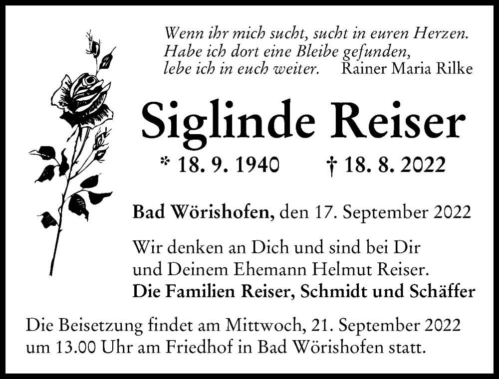 Traueranzeige von Siglinde Reiser von Mindelheimer Zeitung