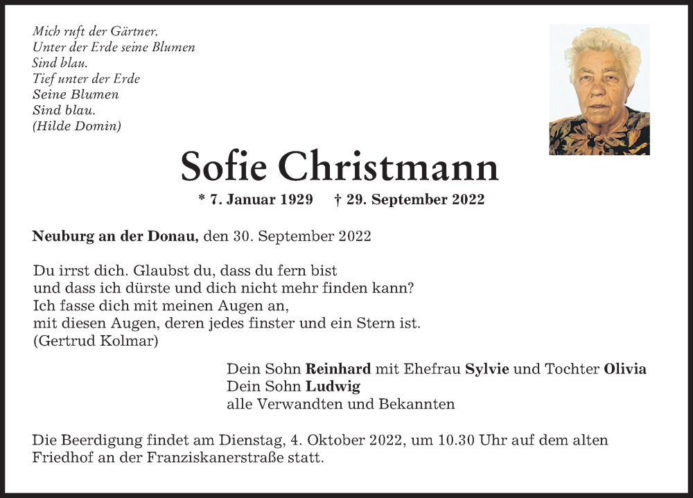  Traueranzeige für Sofie Christmann vom 30.09.2022 aus Neuburger Rundschau