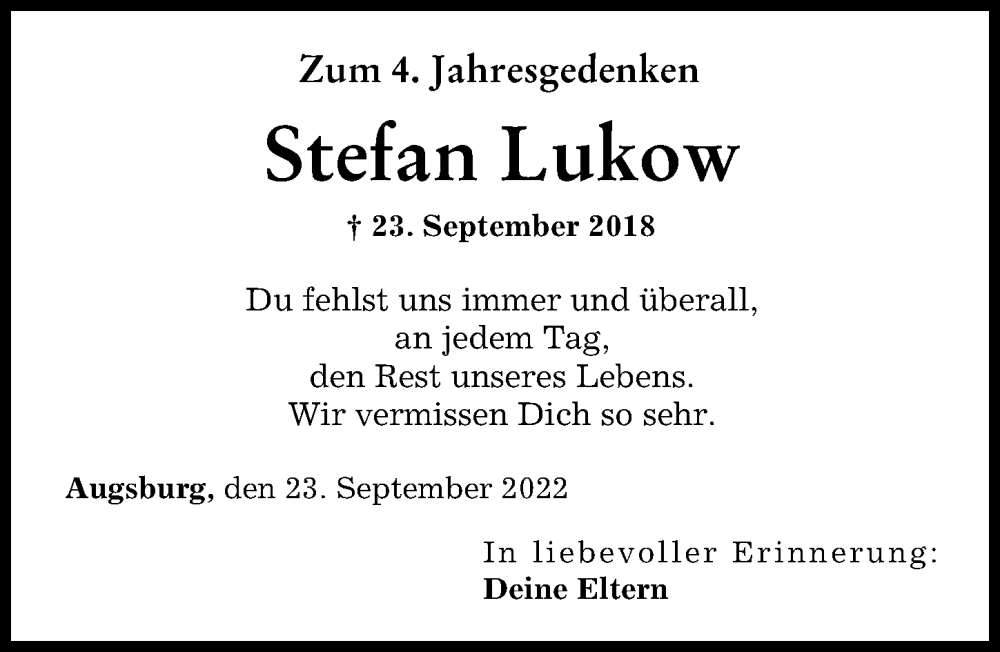  Traueranzeige für Stefan Lukow vom 23.09.2022 aus Augsburger Allgemeine