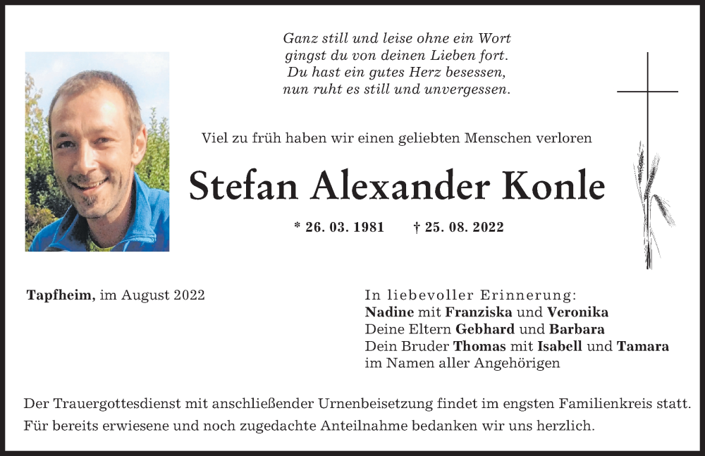 Traueranzeige von Stefan Alexander Konle von Donauwörther Zeitung