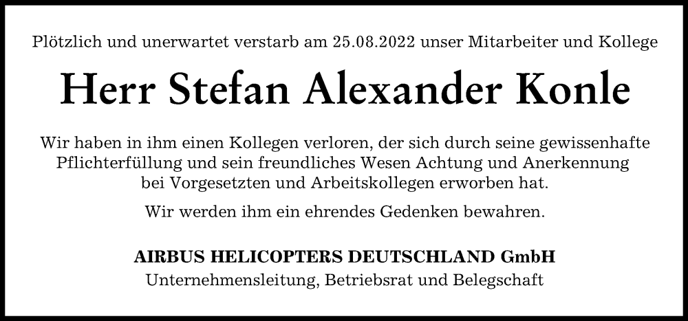 Traueranzeige von Stefan Alexander Konle von Donauwörther Zeitung