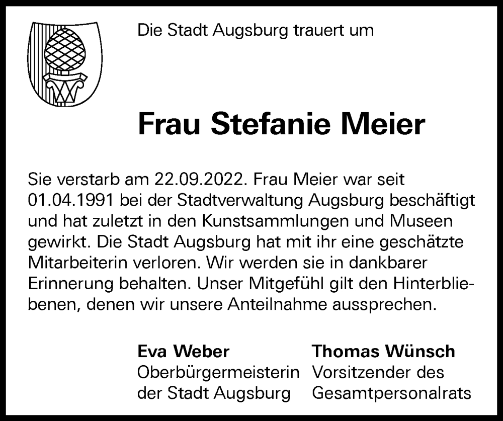  Traueranzeige für Stefanie Meier vom 30.09.2022 aus Augsburger Allgemeine