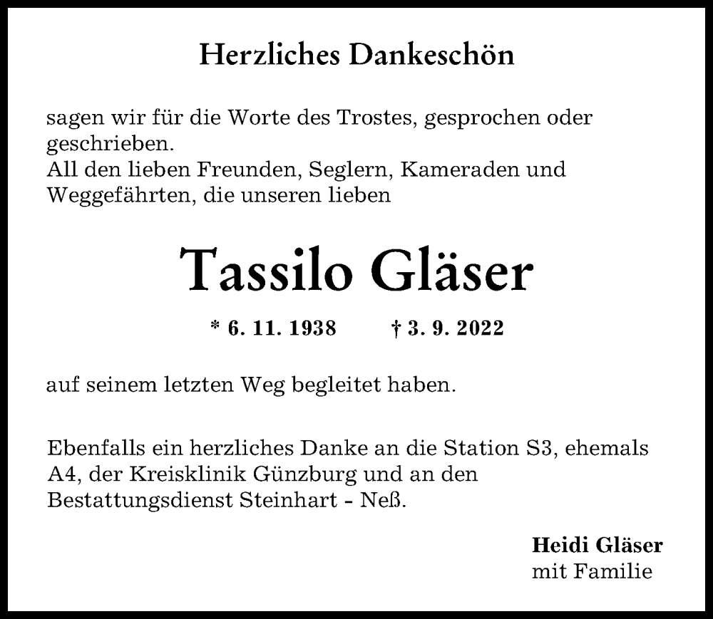 Traueranzeige von Tassilo Gläser von Günzburger Zeitung