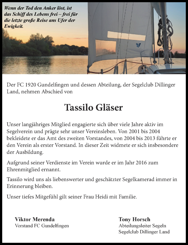 Traueranzeige von Tassilo Gläser von Günzburger Zeitung, Donau Zeitung