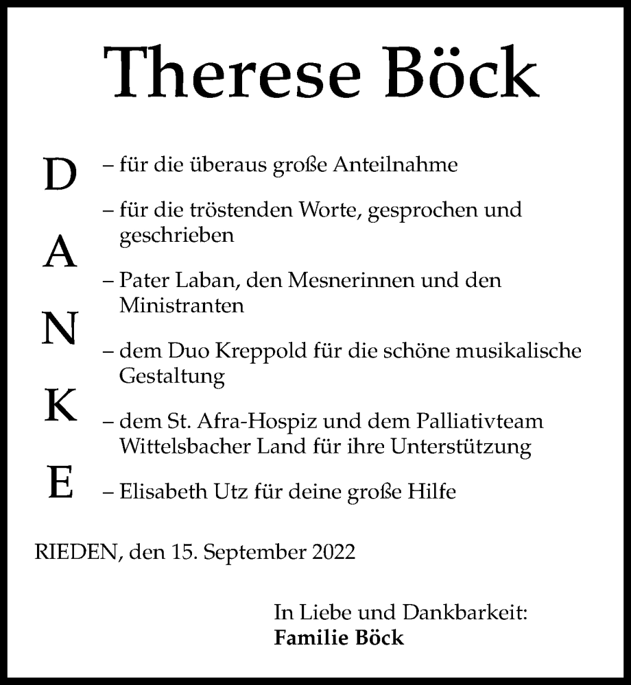 Traueranzeige von Therese Böck von Friedberger Allgemeine