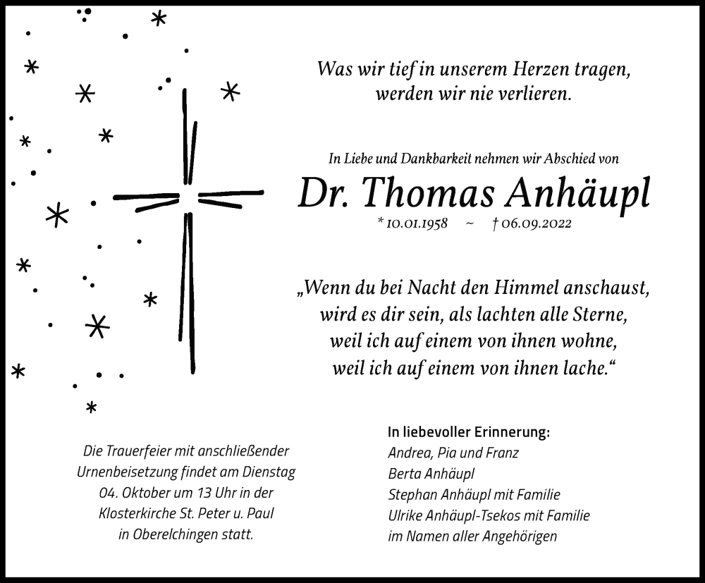  Traueranzeige für Thomas Anhäupl vom 24.09.2022 aus Neu-Ulmer Zeitung