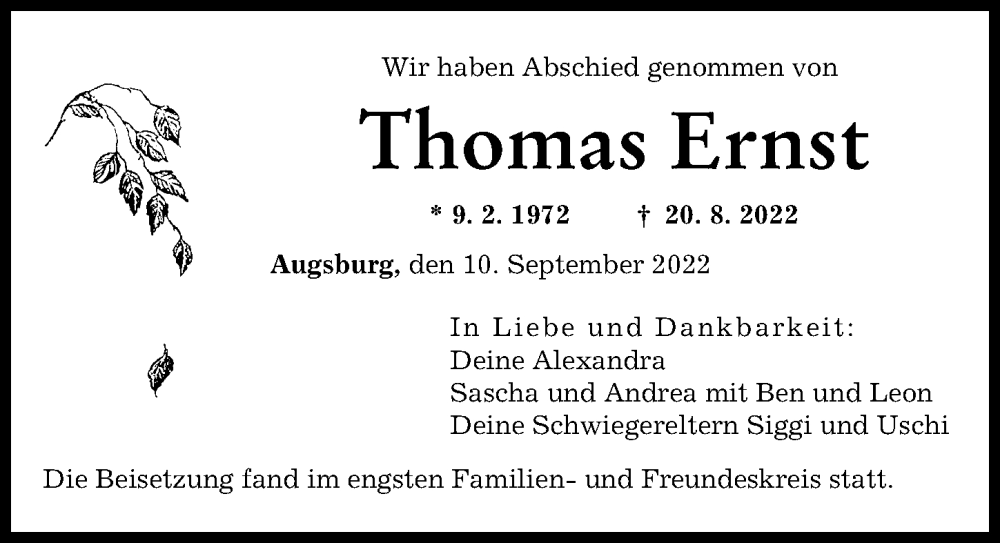 Traueranzeige von Thomas Ernst von Augsburger Allgemeine