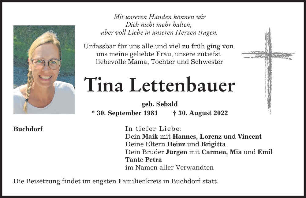  Traueranzeige für Tina Lettenbauer vom 03.09.2022 aus Donauwörther Zeitung