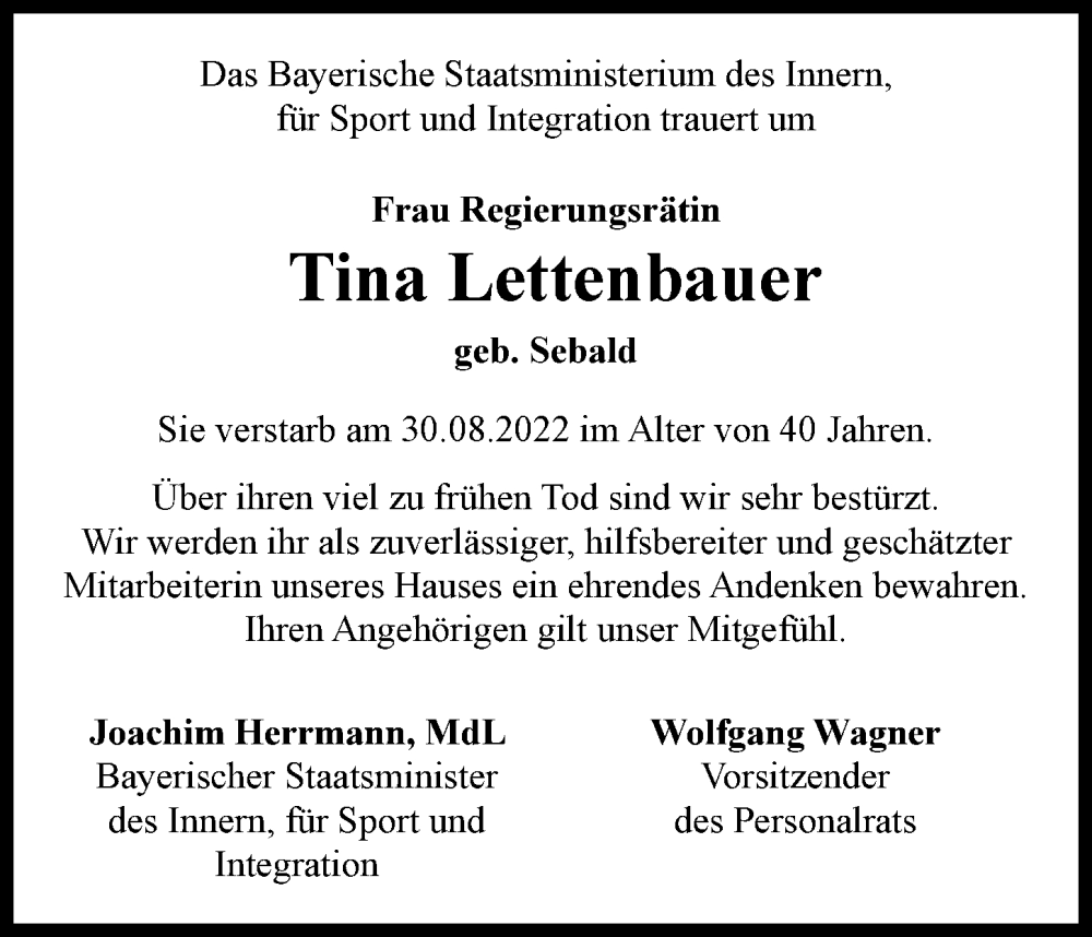  Traueranzeige für Tina Lettenbauer vom 10.09.2022 aus Donauwörther Zeitung