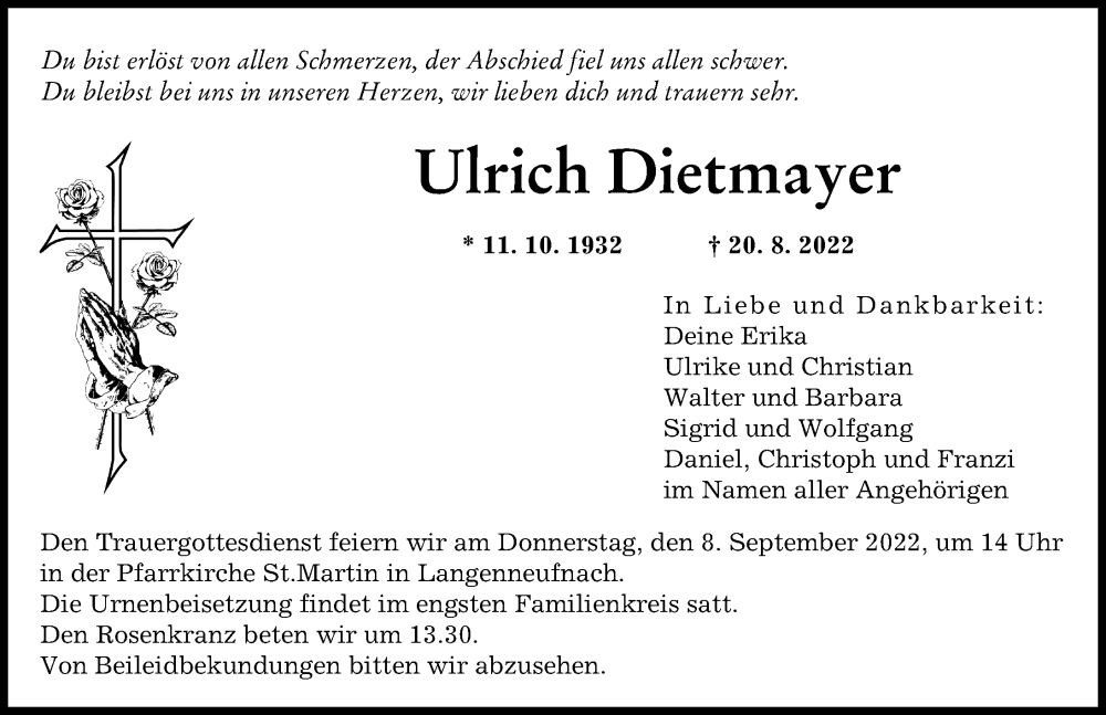 Traueranzeige von Ulrich Dietmayer von Augsburger Allgemeine