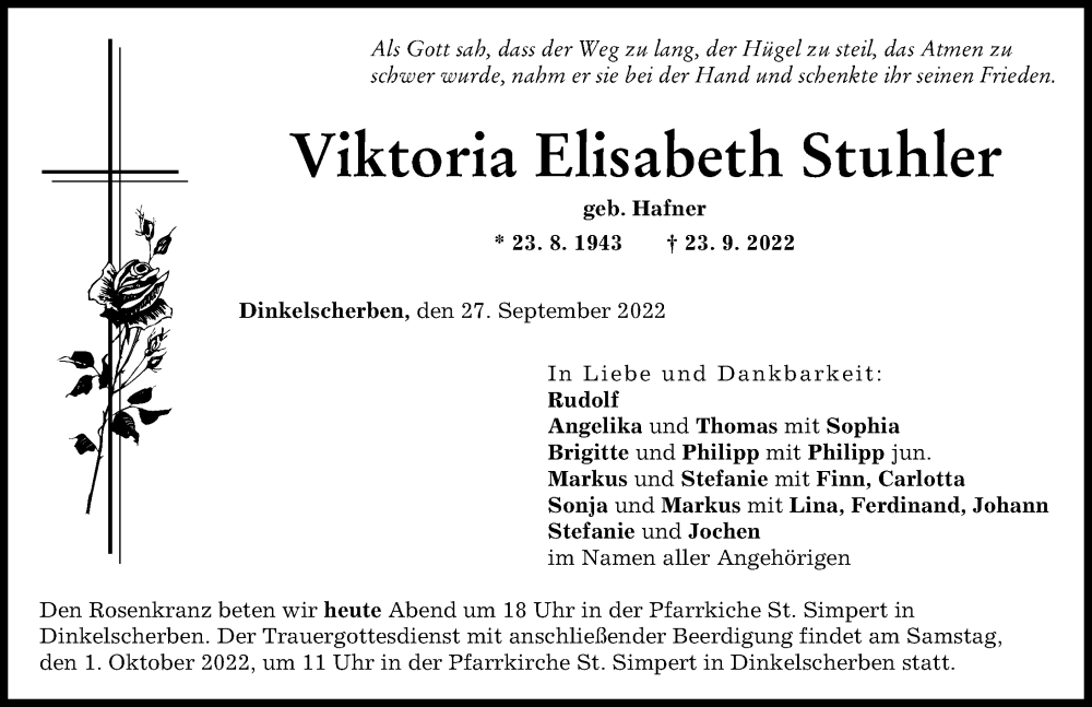Traueranzeige von Viktoria Elisabeth Stuhler von Mittelschwäbische Nachrichten, Augsburg-Land