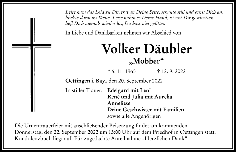  Traueranzeige für Volker Däubler vom 20.09.2022 aus Rieser Nachrichten
