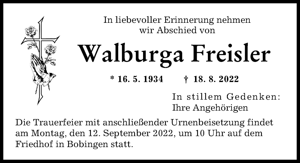 Traueranzeige von Walburga Freisler von Schwabmünchner Allgemeine