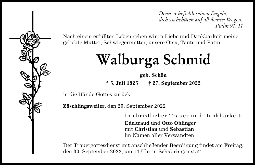  Traueranzeige für Walburga Schmid vom 29.09.2022 aus Donau Zeitung