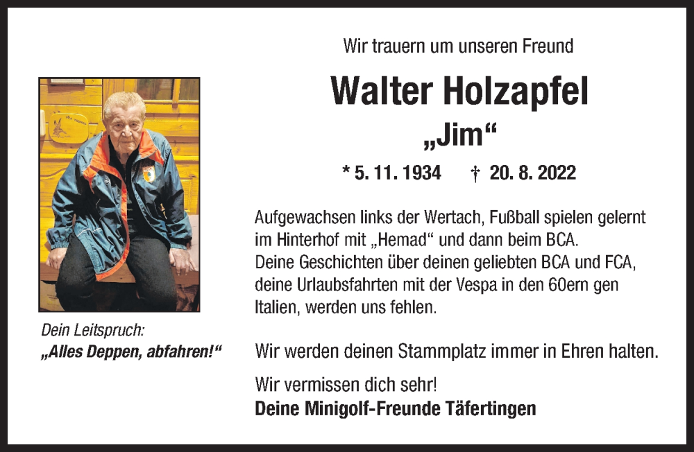 Traueranzeige von Walter Holzapfel von Augsburger Allgemeine