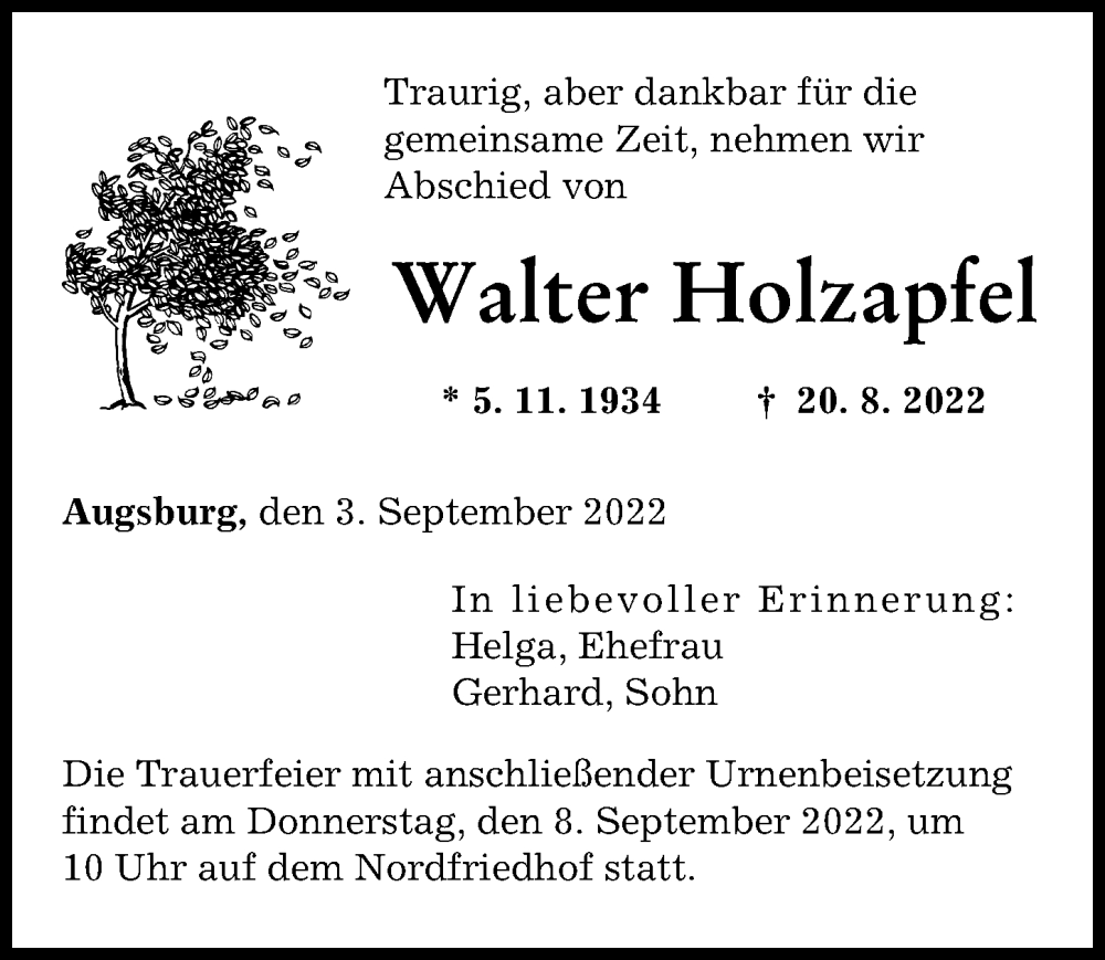 Traueranzeige von Walter Holzapfel von Augsburger Allgemeine