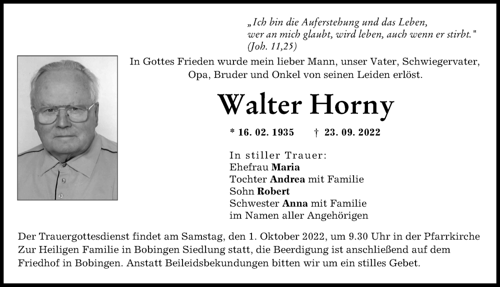  Traueranzeige für Walter Horny vom 28.09.2022 aus Schwabmünchner Allgemeine