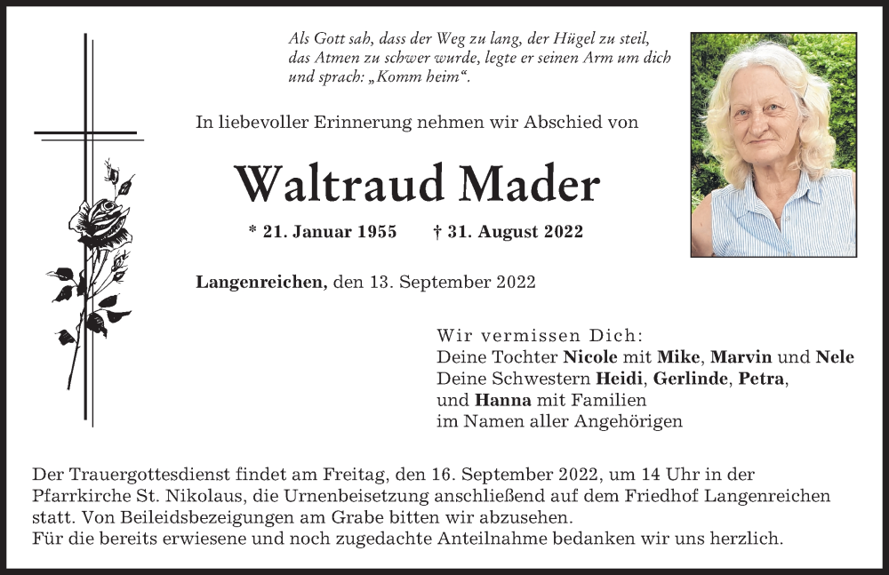 Traueranzeigen Von Waltraud Mader Augsburger Allgemeine Zeitung