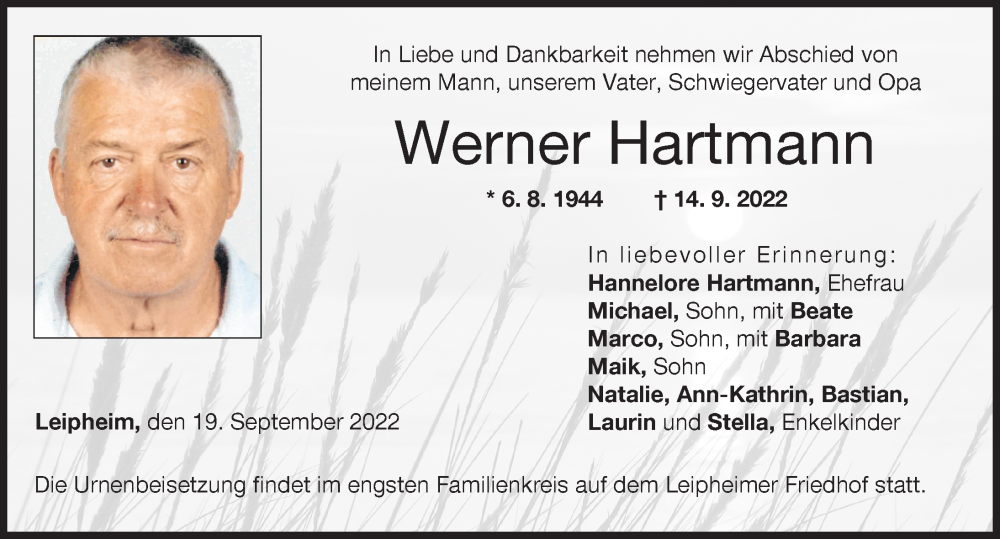  Traueranzeige für Werner Hartmann vom 19.09.2022 aus Günzburger Zeitung
