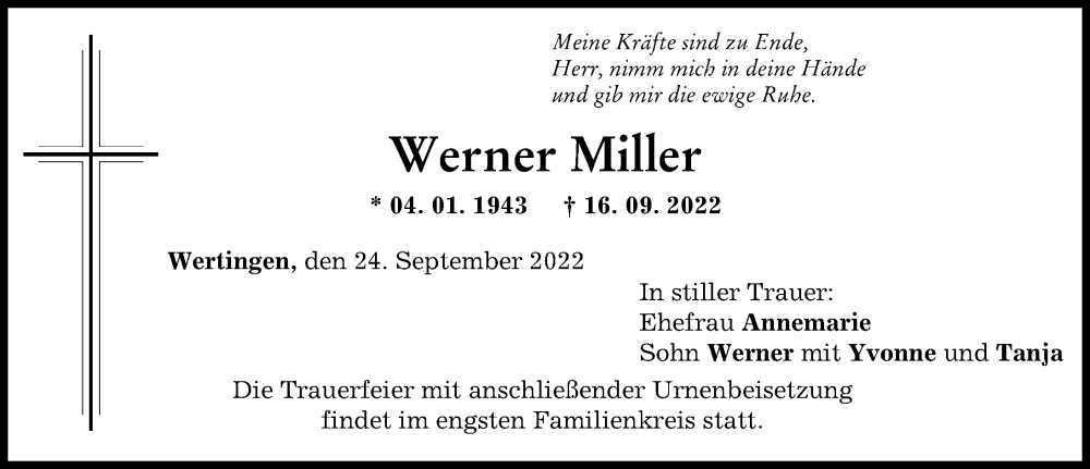 Traueranzeige von Werner Miller von Wertinger Zeitung