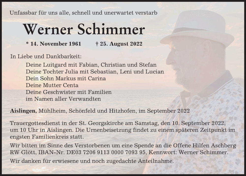 Traueranzeige von Werner Schimmer von Donau Zeitung