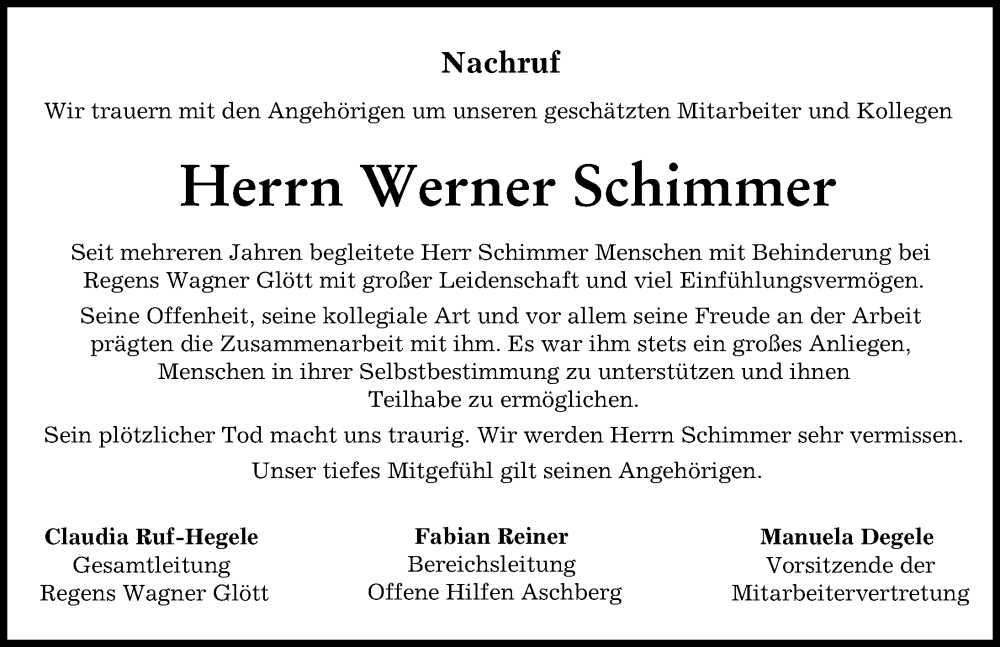 Traueranzeige von Werner Schimmer von Donau Zeitung