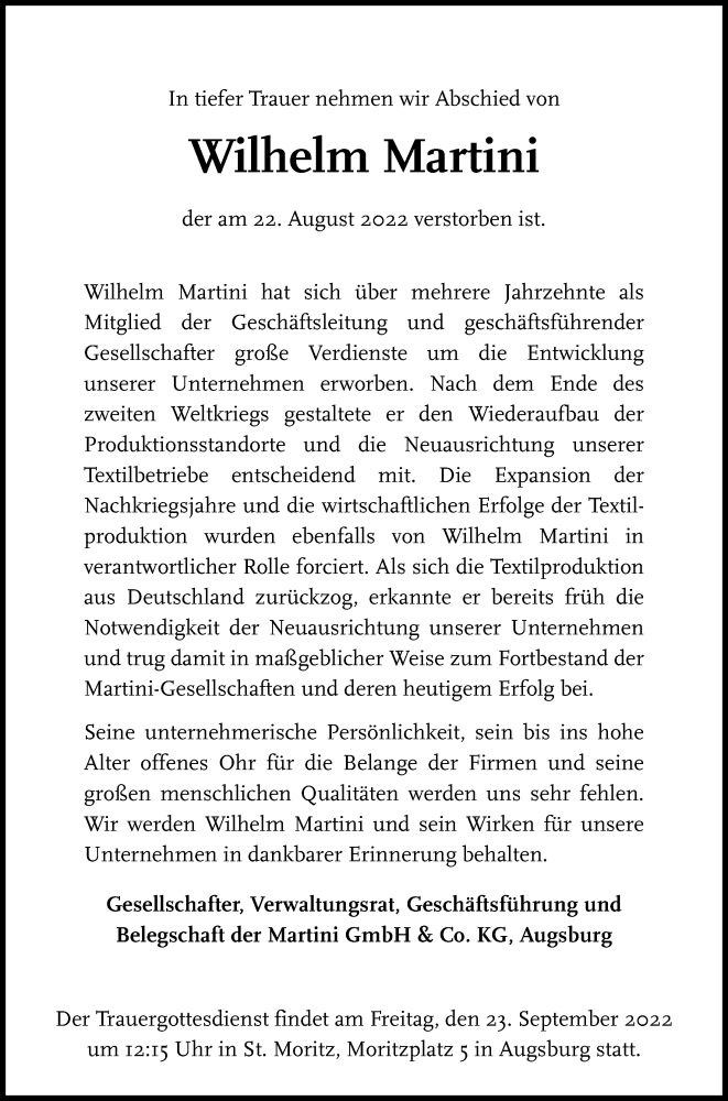 Traueranzeige von Wilhelm Martini von Augsburger Allgemeine