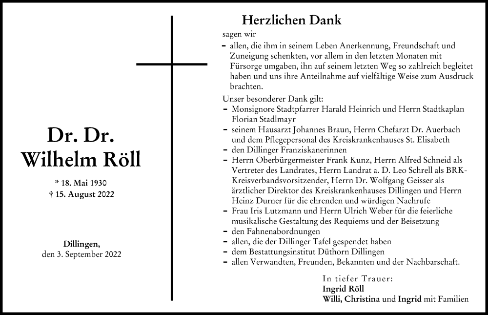 Traueranzeige von Wilhelm Röll von Donau Zeitung