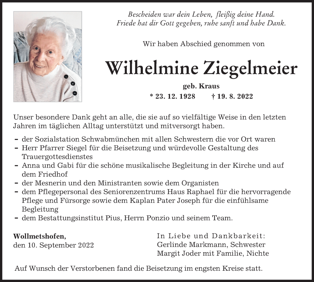 Traueranzeige von Wilhelmine Ziegelmeier von Augsburger Allgemeine