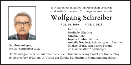 Traueranzeige von Wolfgang Schreiber von Günzburger Zeitung