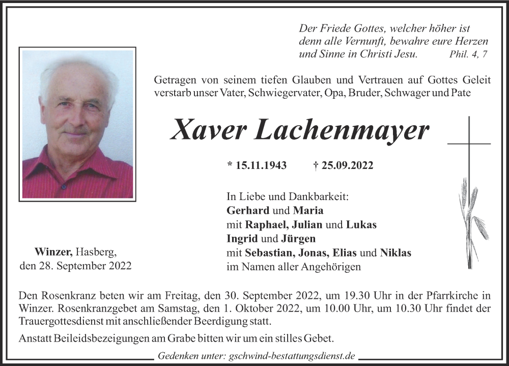  Traueranzeige für Xaver Lachenmayer vom 28.09.2022 aus Mittelschwäbische Nachrichten