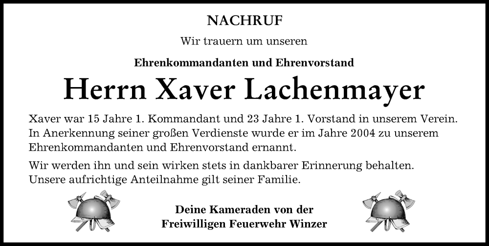  Traueranzeige für Xaver Lachenmayer vom 29.09.2022 aus Mittelschwäbische Nachrichten