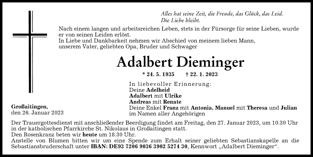  Traueranzeige für Adalbert Dieminger vom 26.01.2023 aus Schwabmünchner Allgemeine