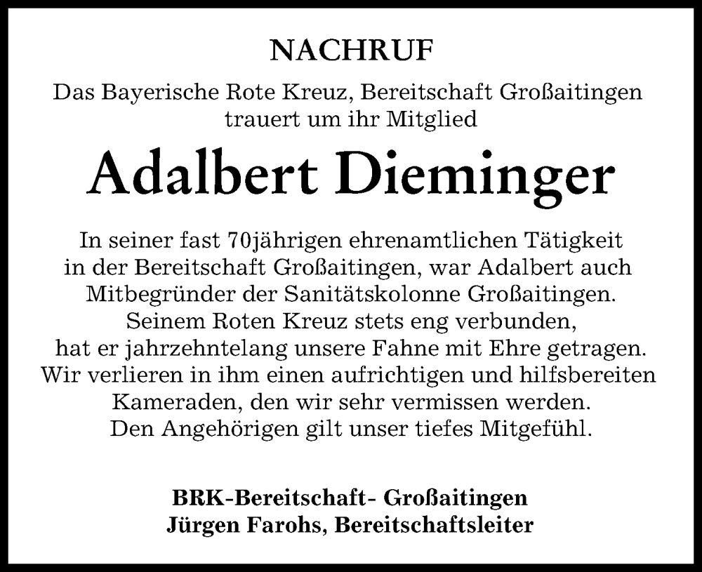  Traueranzeige für Adalbert Dieminger vom 26.01.2023 aus Schwabmünchner Allgemeine